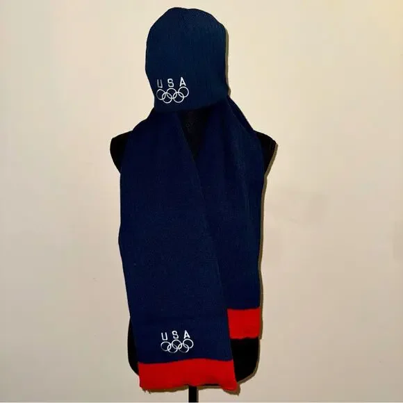 USA OLYMPICS Reversible Beanie Hat Scarf Set Red White Blue Unisex